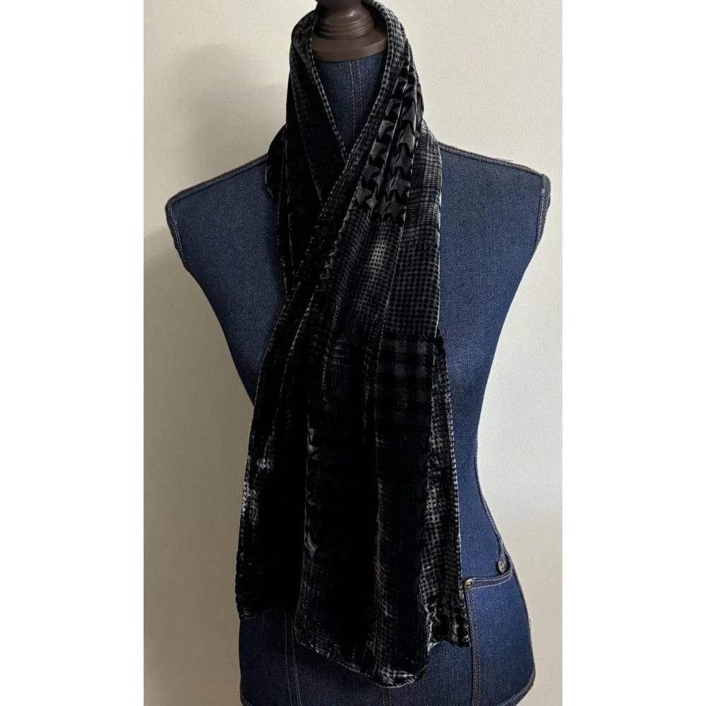 Mixed Print Houndstooth Black Gray Velvet Scarf Rectangle Y2k 10x50